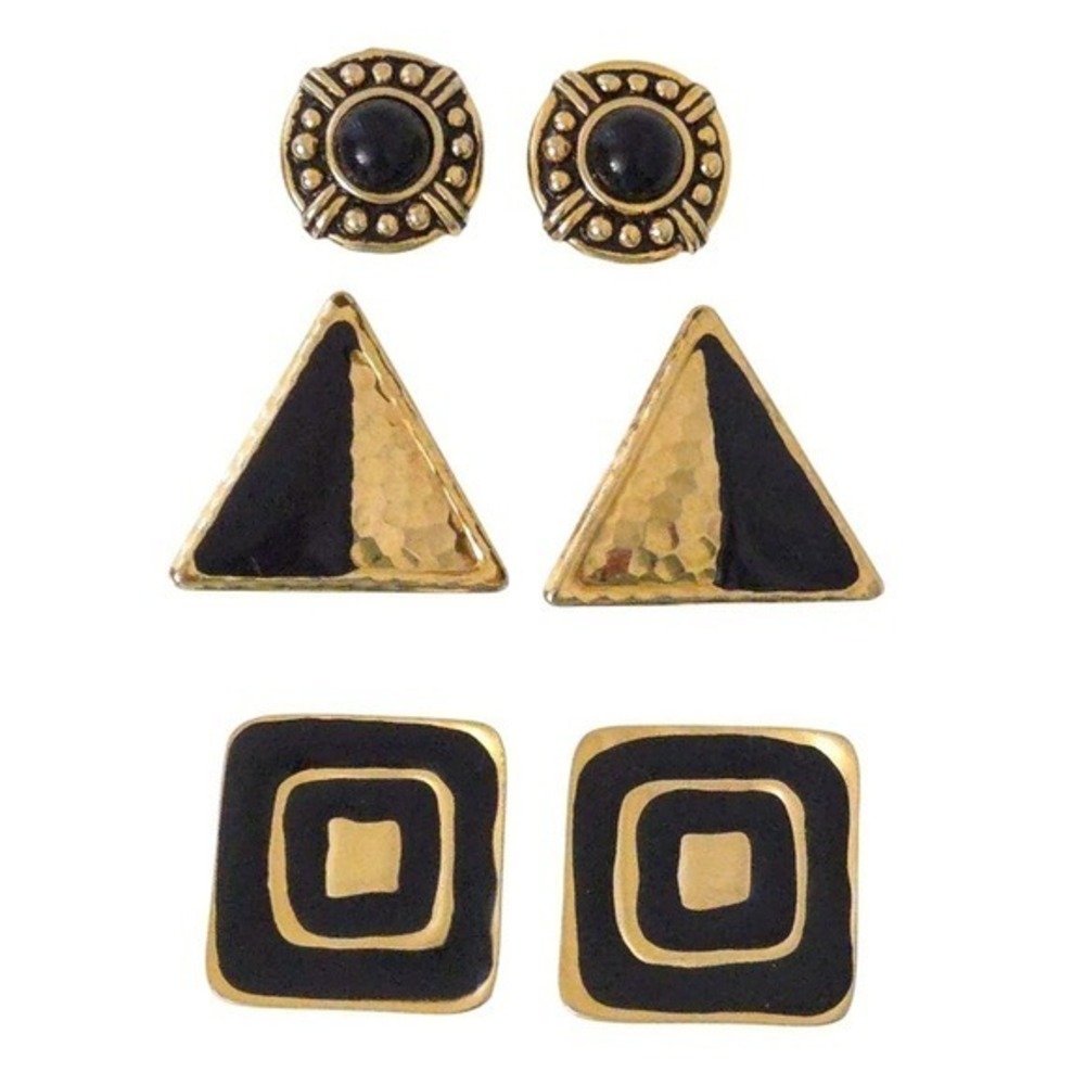 Vintage Black & Gold Geometric Clip Earrings (Set of 3)